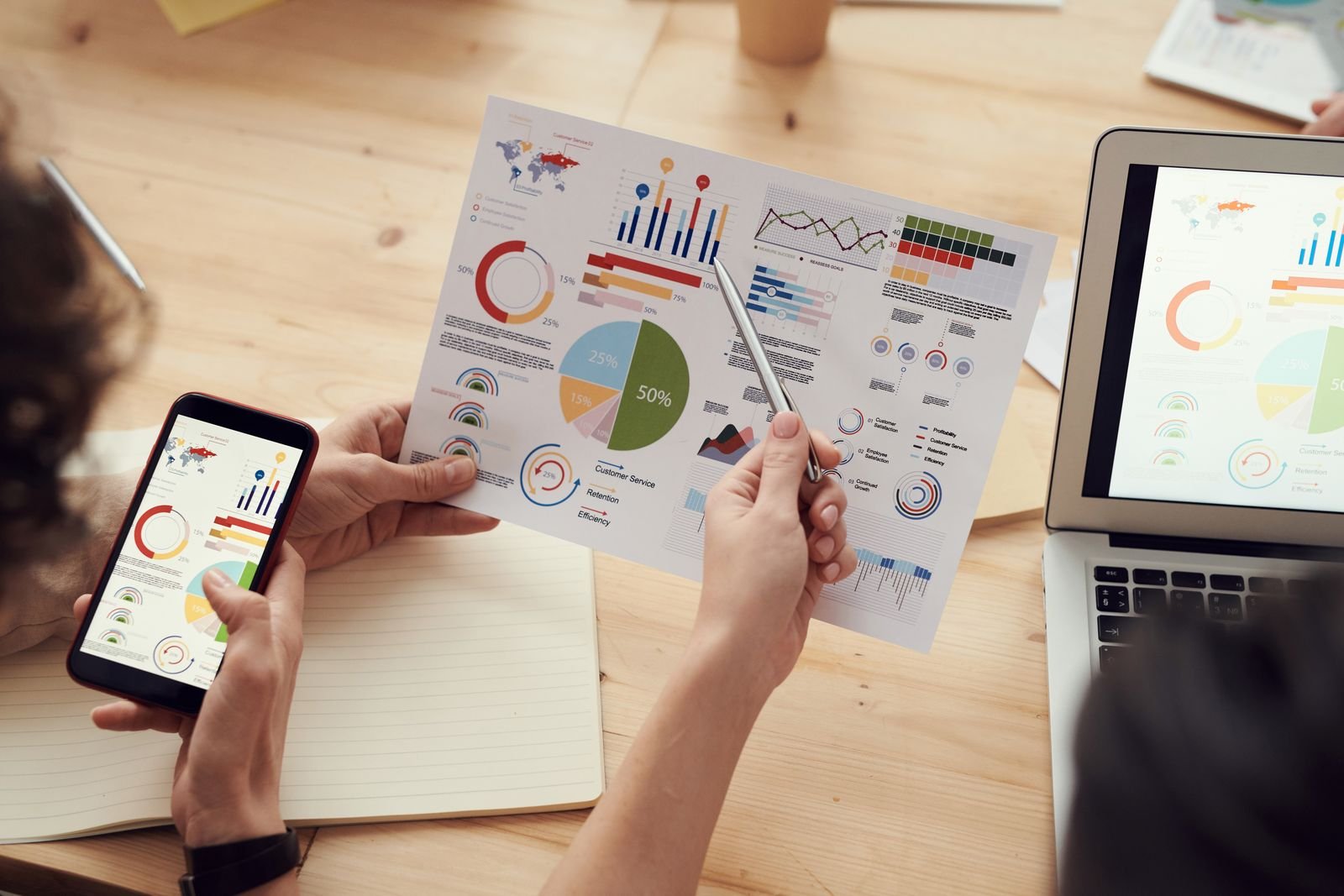 Marketing-Team analysiert Kennzahlen und Diagramme am Konferenztisch