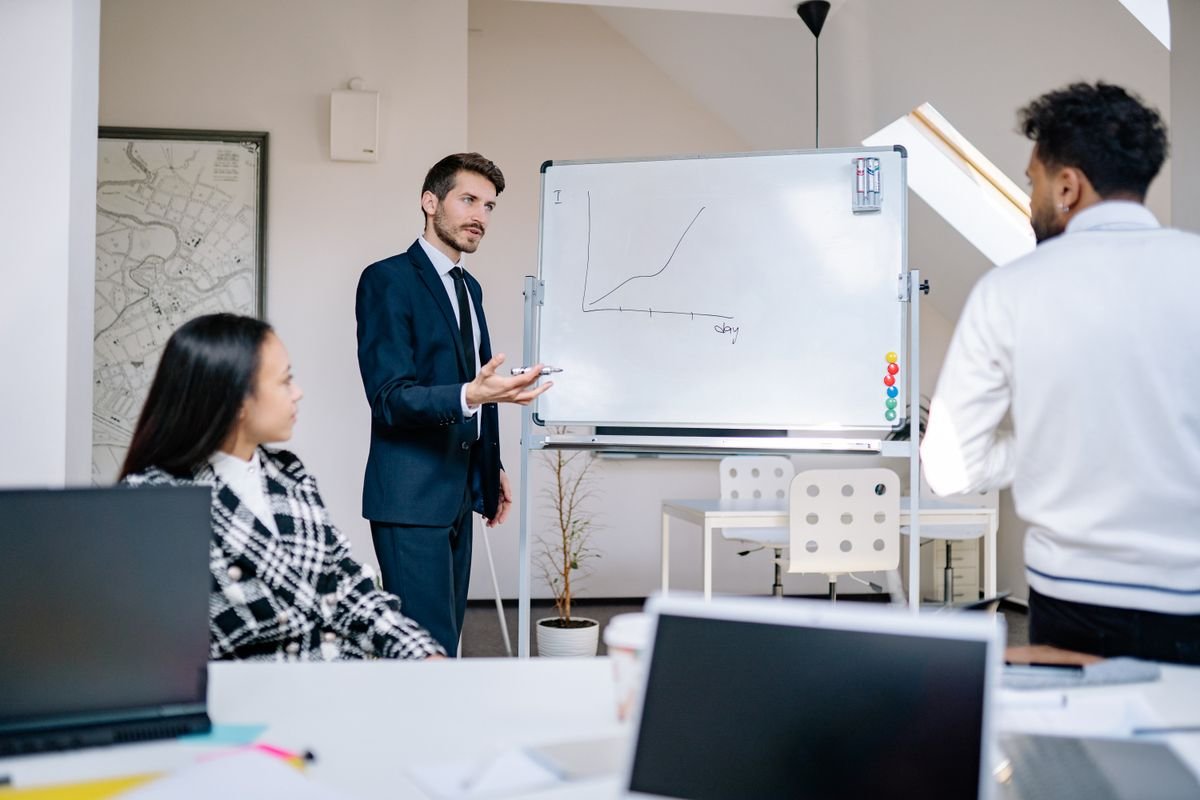 Teamleiter präsentiert eine Wachstumskurve auf dem Whiteboard im Strategie-Meeting